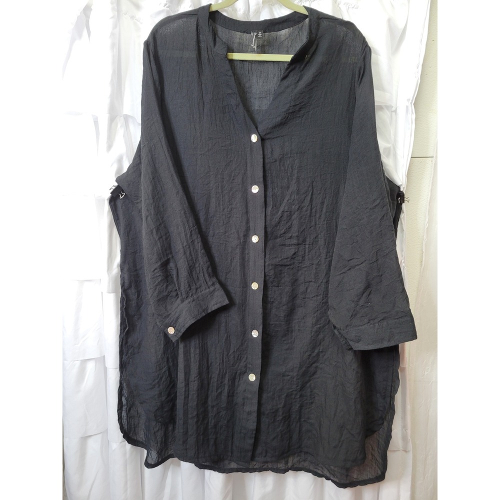 Portocruz Black Crinkle Tunic Top 2X Button Down Long Sleeve Sheer Blouse 518